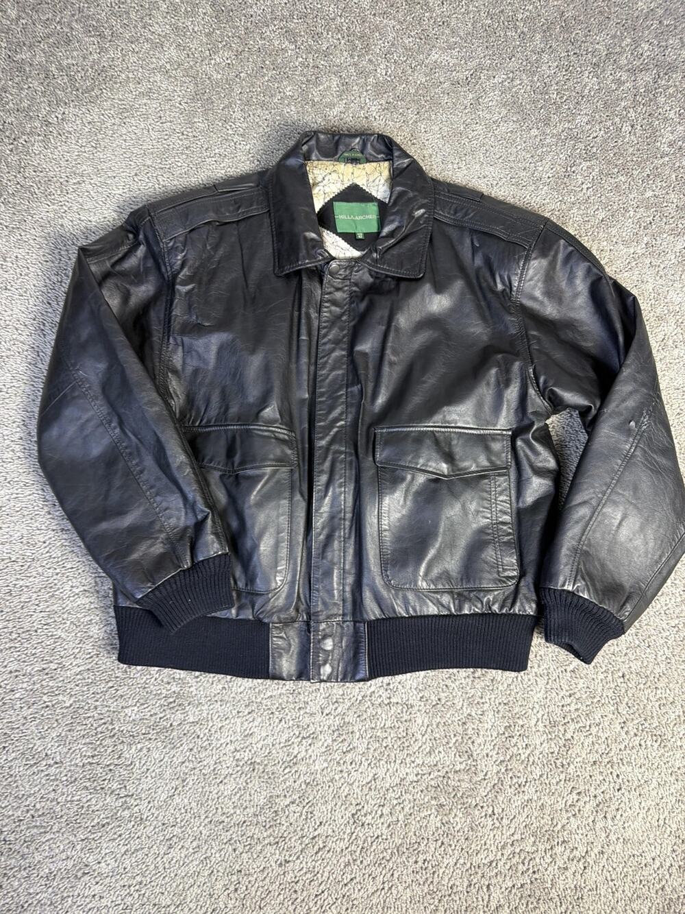 HILL & ARCHER Flight Jacket Mens 42 Black Leather Bomber Lined Pockets Full Zip